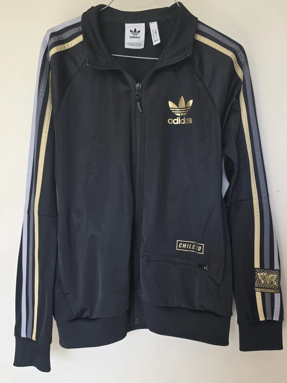 adidas Black Track Jacket with Gold & Gray Stripes Size Small